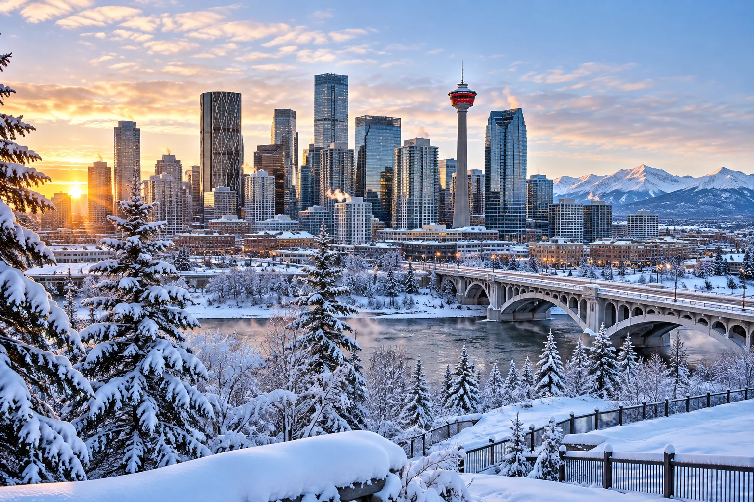 Snow-covered Calgary skyline in winter